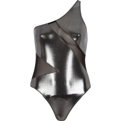 Silver metallic mesh one shoulder swimsuit